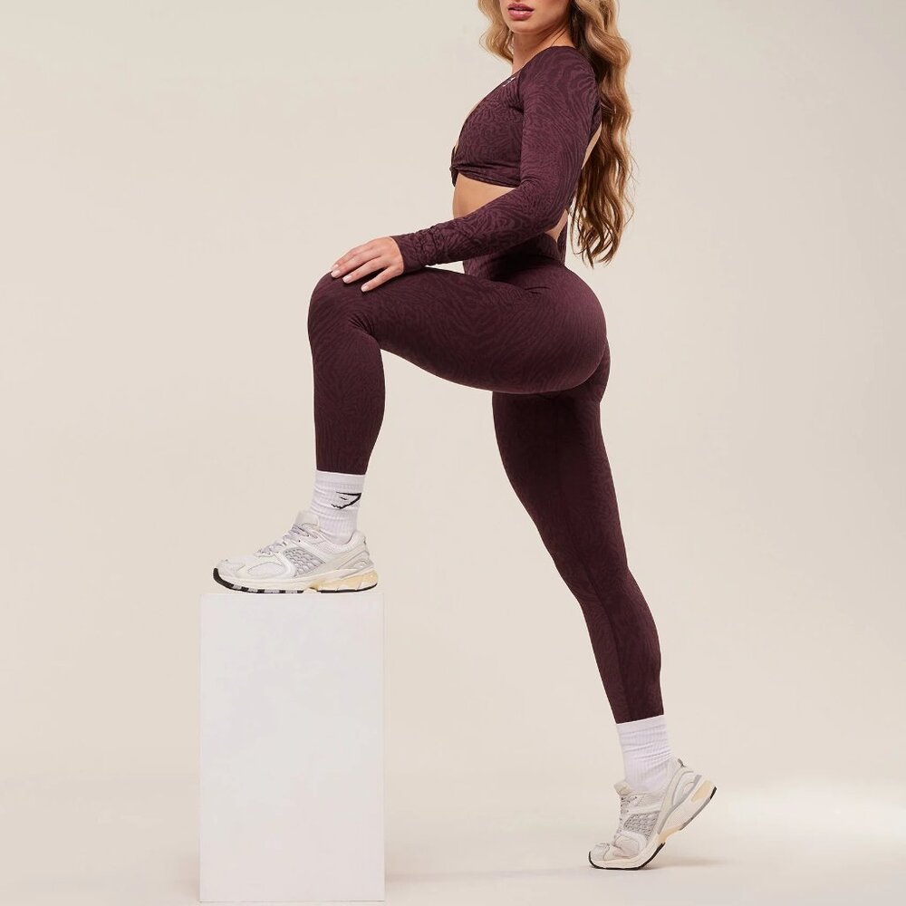 Gymshark Adapt Marl Seamless Crop & Legging Set | Burgundy | Size S